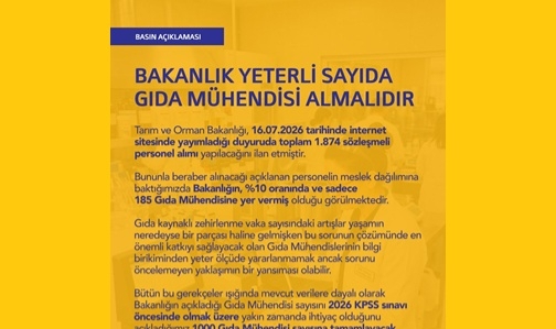 BAKANLIK YETERLİ SAYIDA GIDA MÜHENDİSİ ALMALIDIR